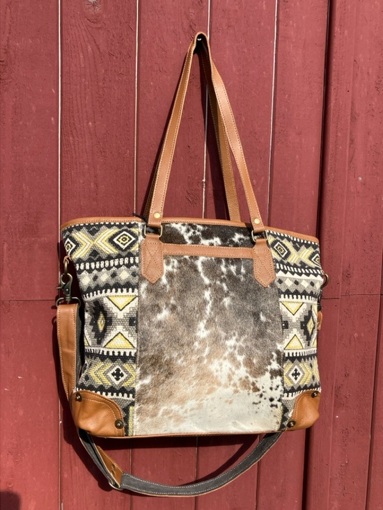 Myra Bag Handbags - Cowhide and Black, Yellow, & Gray Aztec Print Tote with Genuine Leather Trim